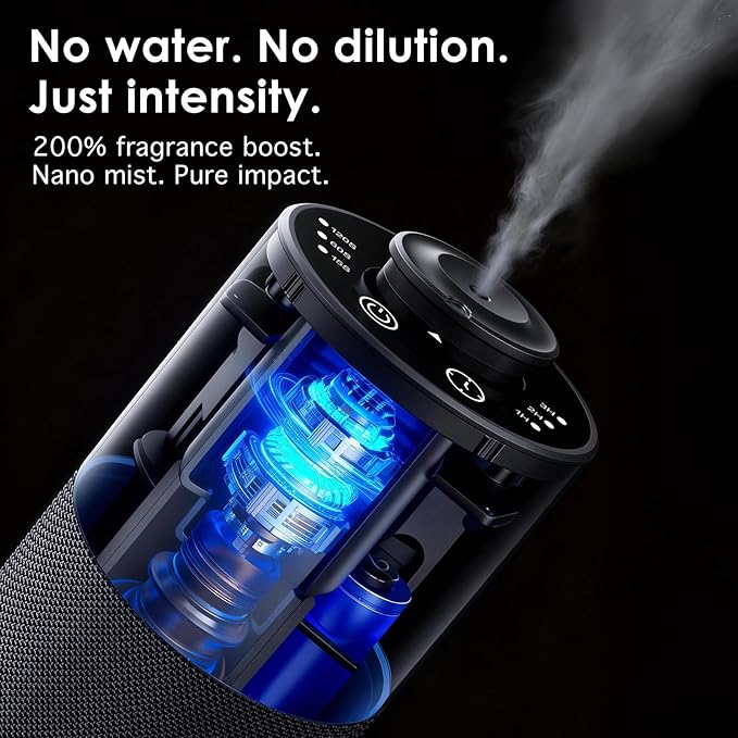 Waterless Essential Oil Diffuser for Home (Aluminum Alloy & Fabric) - Cordless Car Scent Diffuser with 3 Timer & 3 Mist Levels - 2000mAh Battery Operated Scent Air Machine for Room Office Hotel, Black