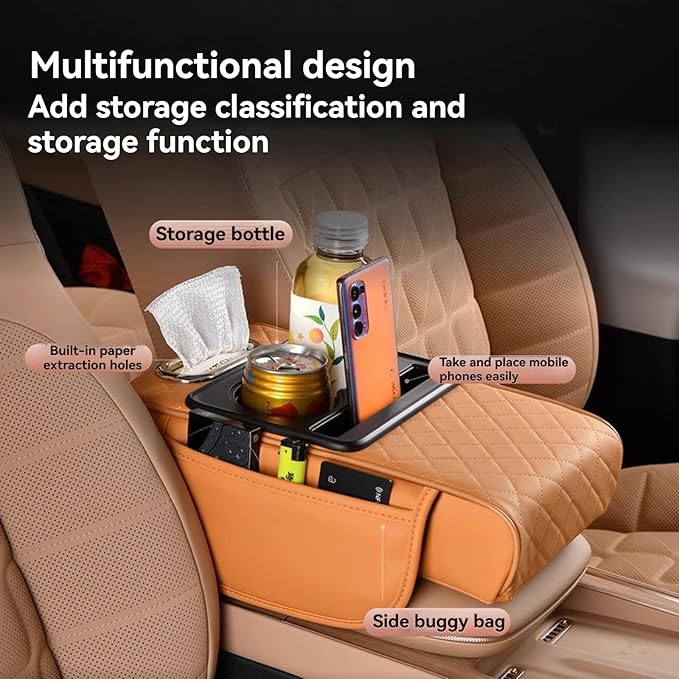 Multifunctional Pu Leather Car Armrest Box Mat, 5-In-1Multifunctional Car Armrest Cushion, Car Arm Rest Cover Pad, Center Console Organizer with Cup Holder, Tissue Box & Phone Slot (Black and Red)