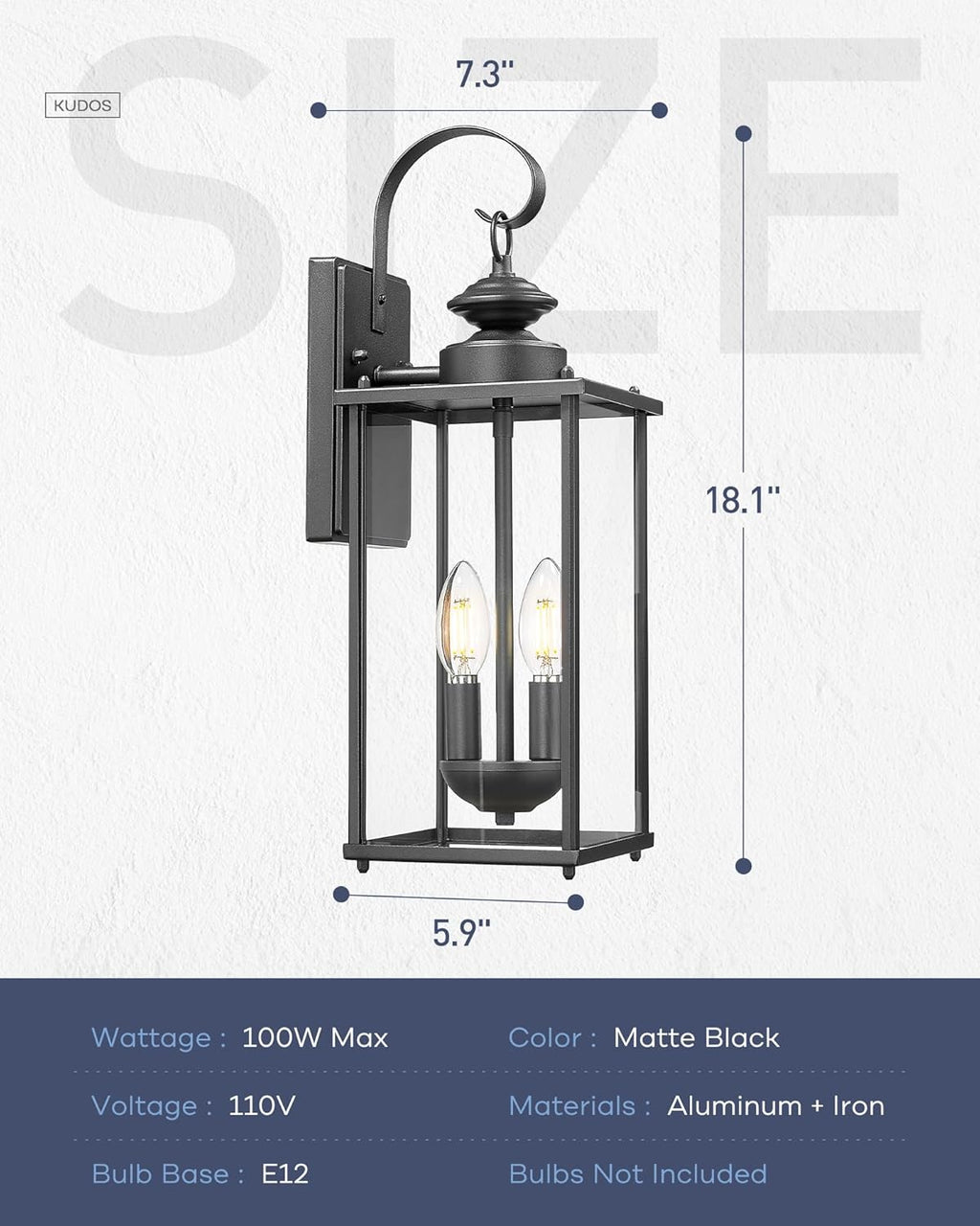 kudos Porch Lights, 18.1 inch Large Outdoor Wall Light, E12 Sockets, Anti-Rust Waterproof Light Fixtures Wall Mount for Patio, Doorway, Entryway, Black with Clear Glass, KDOWL02-BK-L