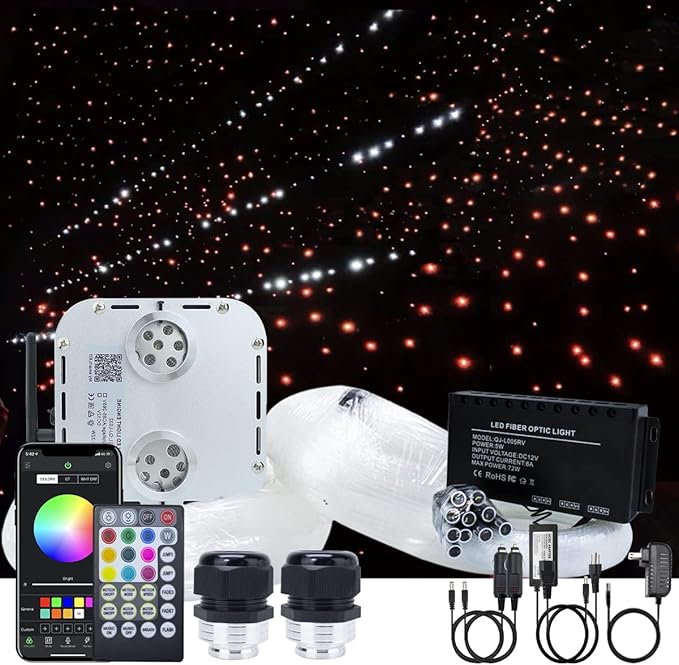 AKEPO 32W APP Twinkle Meteor Dual Head Fiber Optic Lights Kit, Car Home Use Music Activated Star Ceiling Sky Light, Shooting Star+2000pcs 16.4ft/5m 0.03in/0.75mm Optical Fiber Cable+28key remote