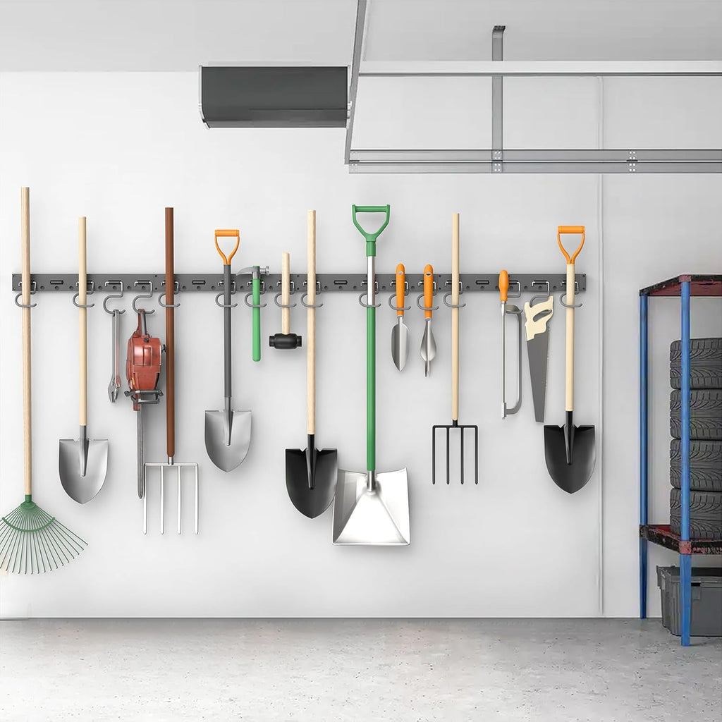 TORACK Plastic Wall Mounted Mop and Broom Holder, Garden Tools Organizer for Garage Wall, Yard Tool Storage Rack for Rakes, Shovels, Mops, Brooms (4 Tracks, 16 Hooks)