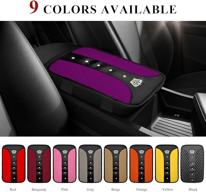 Bling Leather Car Center Console Cover, Anti-Slip Crown Armrest Seat Box Cushion Pad with Rhinestones, Waterproof Crystal Arm Rest Protector Interior Decor for Most Vehicles (Purple)