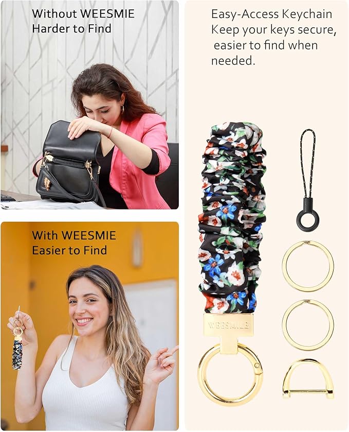 WEESMILE Keychain Wristlet, Stretchy Key Chain for Car Keys with D ring, Cute Scrunchie Wrist Bracelet for Women Men