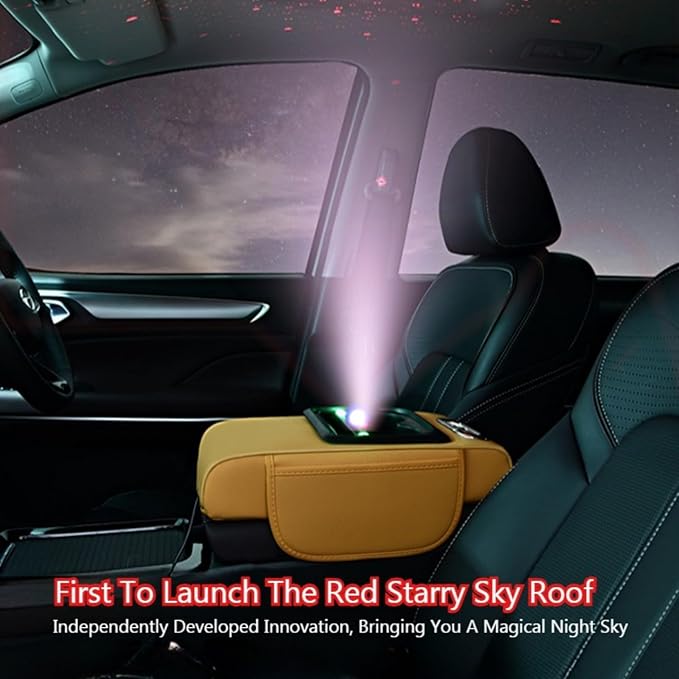 Car Armrest Pad Cover with Red Starry Sky LED Projection, Dual Type-C Charging Ports, Leather Car Center Console Cushion with Cup Holder, Tissue Holder (Red Starry Sky LED Projection, Black-Red)