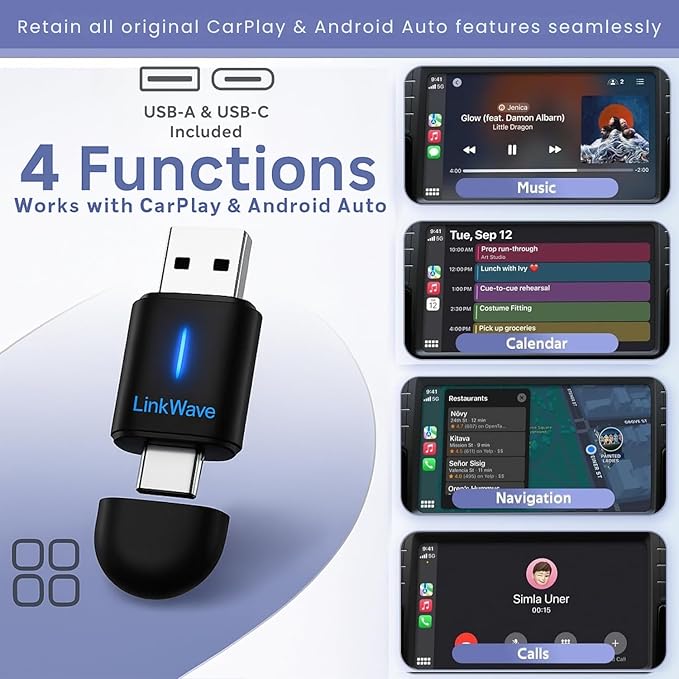 Wireless CarPlay adapter & wireless Android Auto adapter, 2-in-1 USB-A/USB-C dongle for factory wired CarPlay iOS 10+ & Android 11+ cars, easy to install, 3s auto-connect, 5.8 GHz Wi-Fi, Bluetooth 5.2