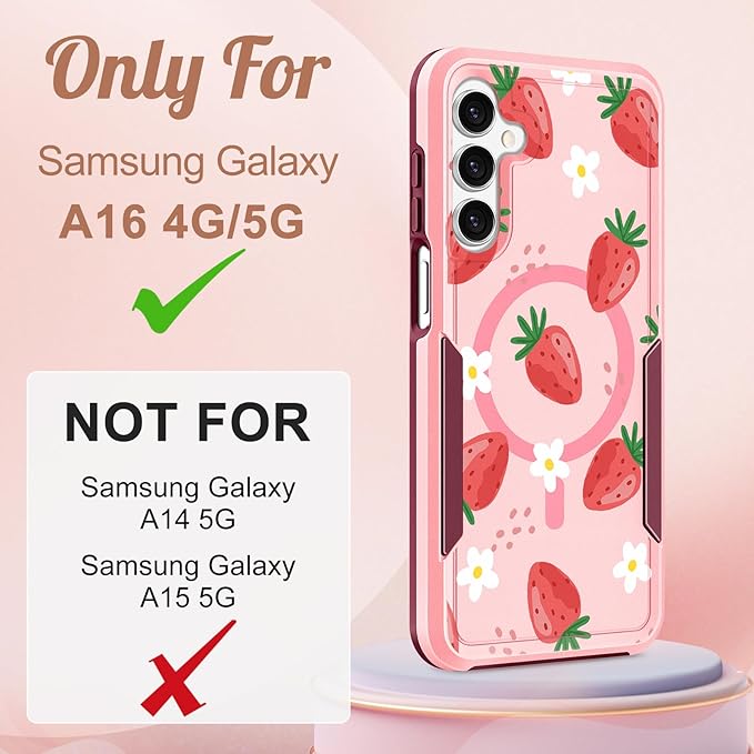 for Samsung Galaxy A16 5G Phone Case - Compatible with MagSafe Women Girls Cute Magnetic Protective Cover Girly Pretty Kawaii Strawberry Heavy Duty Shockproof Design for Samsung A16 5G Case