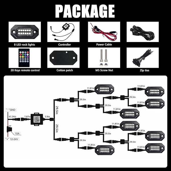 RGB LED Rock Lights Kit, 10 pods Multicolor Neon Light with Bluetooth App/Remote Control Flashing Music Mode, Aluminum Metal, IP68 Waterproof, 12v for Truck ATV UTV SUV