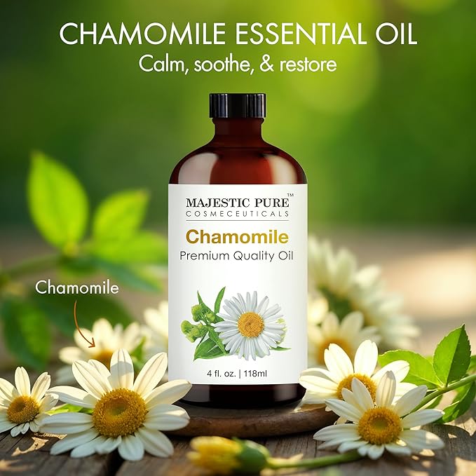 Majestic Pure Essential Oil with Glass Dropper - 100% Pure and Natural - Essential Oils for Diffuser, Aromatherapy, Soap and Candle Making, Chamomile Essential Oil, Chamomile Oil, 4 Fl Oz