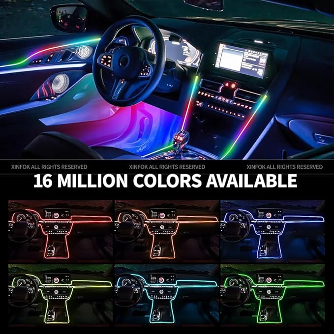 Ambient Lighting Car Led Lights Interior with APP, USB Powered Acrylic Neon Flexible Strip Fiber Optic LED Ambient Lighting kit,4 in 1 Car Center Console Dashboard RGB Sound Active Music Lights Sync