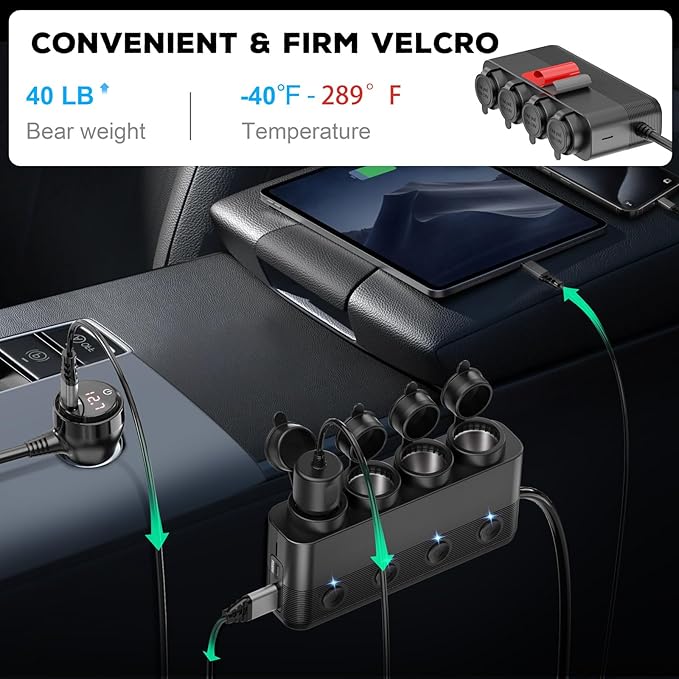 Cigarette Lighter Splitter Car Charger, 300W 4 Socket Car Plug in Outlet 12V Adapter with Dual PD 36W and QC3.0 USB C Multi Port & Independent Switch & Dust Cover & Voltmeter for All Car Devices