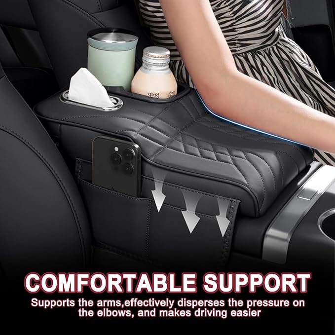 Car Armrest Storage Box for Cadillac XT4 2018–2025 2020 2021 2022 2023 2024, Sport-Style Center Console Organizer with Side Pocket, PU Leather Armrest Cushion, Elbow Support Pad,B White
