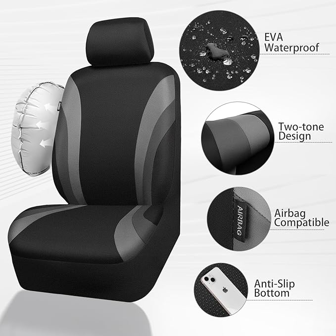 CAR PASS EVA Waterproof Car Seat Covers Front Seats,Gray Two Front Seat Covers,Airbag Compatible,Automotive Seat Covers Universal Fit Sedans,Cars,Vans,SUVs,Trucks (Black and Gray)