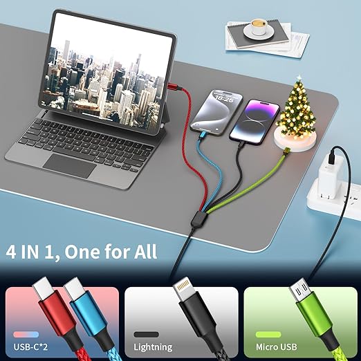 USB C Multi Charging Cable [1Pack 5FT], Dual Type-C Nylon 4 in 1 Charging Cable, Multi Chargers for All Devices with IP/Type C/Micro Port, Compatible with Most Cell Phones/Tablets and More