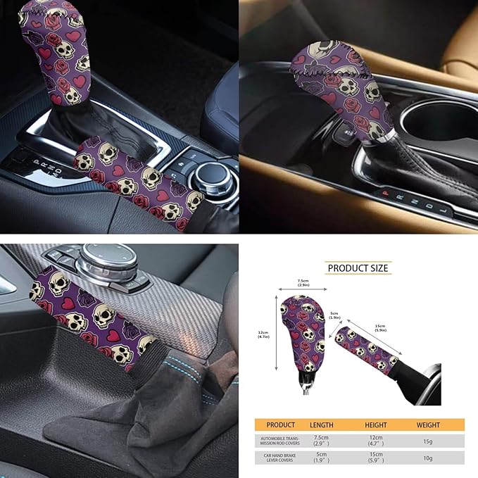 FKELYI Skull Rose Car Seat Full Set - Front and Back, Handbrake and Gear Shifter Knobs, Steering Wheel Cover, Cup Coasters