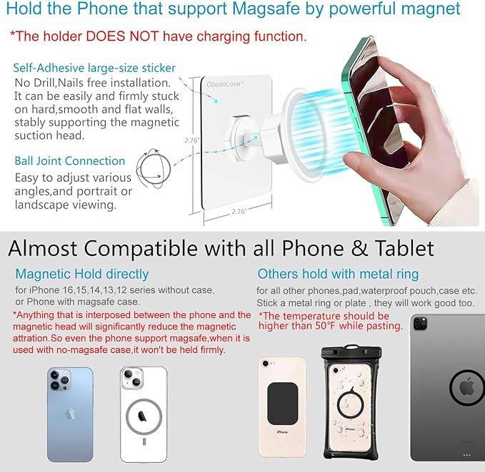 OCEANLOVE for MagSafe Wall Mount Magnetic Phone Holder, Self-Adhesive, 360 Rotatable, Waterproof, Compatible with iPhone 17/16/15/14/13/12,All Phones, Shower Mirror Car Glass Bathroom Kitchen (White)