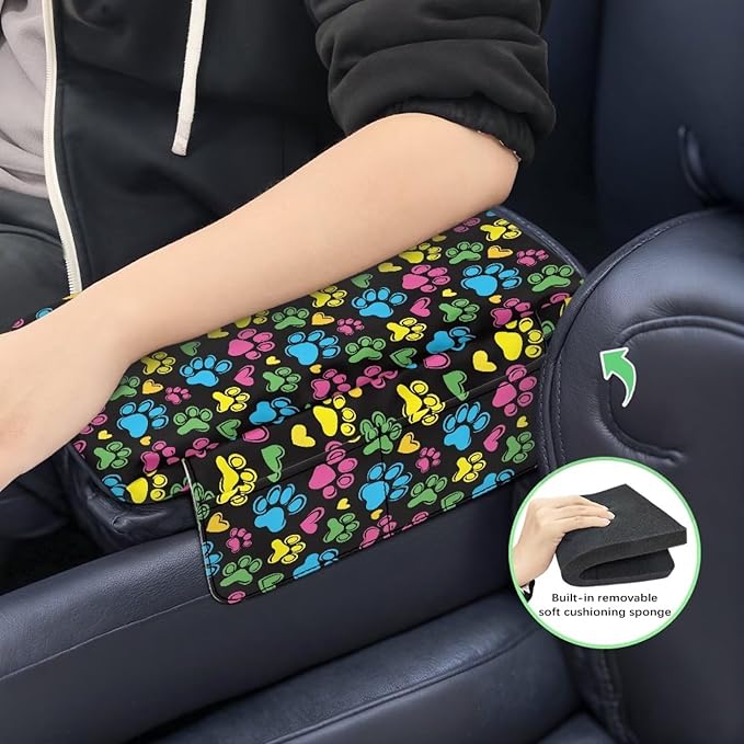 Dreaweet Colorful Dog Paw Center Console Armrest Pad Cover Cute Car Accessories for Women Middle Console Covers with Pockets Soft Anti-Scratch Car Armrest Storage Box Mat