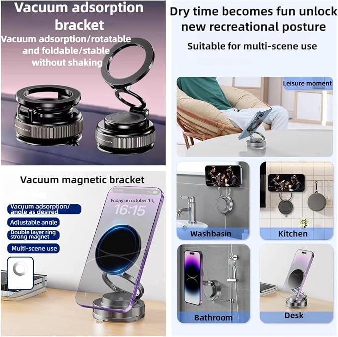 Vacuum Magnetic Car Phone Holder 361° Adjustable Foldable Portable Magnetic Phone Holder for Car for Car/Gym/Mirror/Smooth Surface Suction Cup Phone Mount Compatible for All Smartphones (Black)