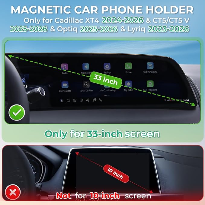 Car Phone Holder for Cadillac Lyriq 2023-2026 & Optiq/CT5/CT5 V 2025-2026 & XT4 2024-2026 (Only for 33-Inch Screen) 360° Rotation Magnetic Cell Phone Mount, Compatible with Magsafe