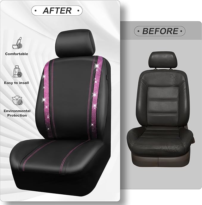 CAR PASS Bling Diamond Car Seat Covers Full Set, Shining Rhinestone Waterproof Faux Leather, Rear with Zipper, Universal Fit Automotive Glitter Crystal Sparkle Strips for Women Girl, Black Pink