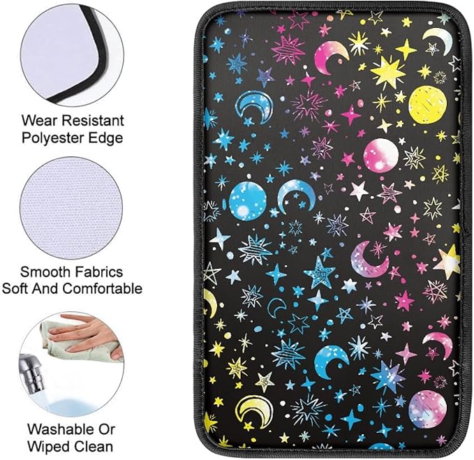 Coldinair Colorful Moon Stars Print Car Center Console Pad,Auto Interior Accessories Decoration,Auto Armrest Cover Protector for Most Vehicle, SUV, Truck, Car