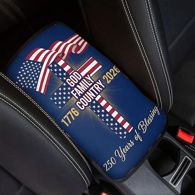 Dreaweet 250th Anniversary Center Console Cover God Family Country Cross Flag Print Car Arm Rest Cover Universal Fit Scratch & Wear Resistant Armrest Cover for Car Truck SUV