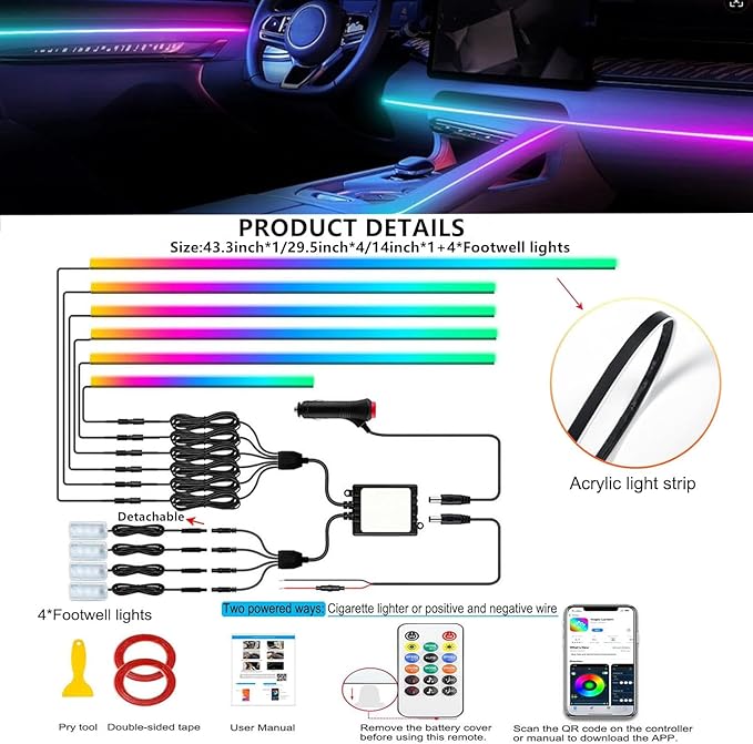 Dreamcolor Acrylic Interior Car LED Strip Light with APP Remote Control,RGB 10 in 1 with 175 inches 593 LEDs Fiber Optic Strip Lights for Car, Dynamic Chasing Music Sync Neon Car Ambient Lighting Kits