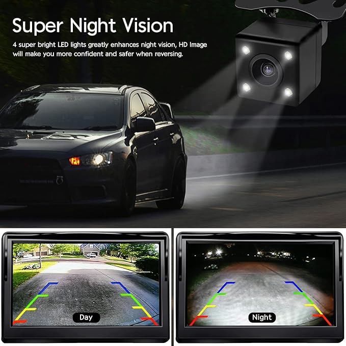 Kairiyard Backup Camera with 5Inch Monitor, 170 Degree Wide View Angel Night Vision Waterproof Vehicle Reverse Rear View Camera System for Car Truck