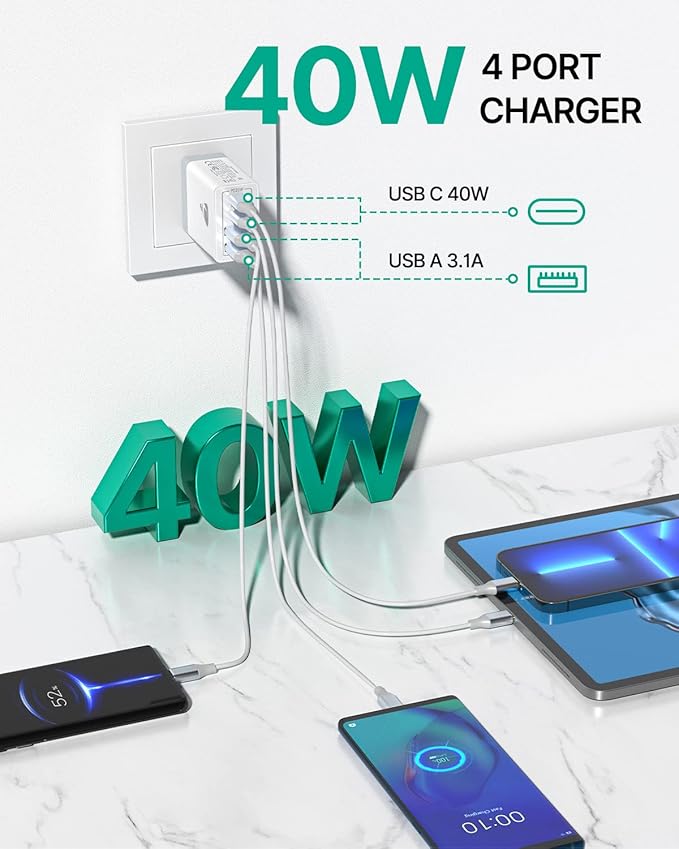 USB C Wall Charger Block 3-Pack, Aiminu 40W 4-Port PD Power Delivery Fast Type C Charging Block Plug Adapter for iPhone 15 14 13 12 11 Pro Max, XS/XR/X, iPad, Android Phones Charger Cube