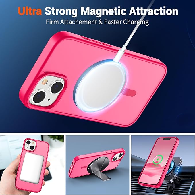 SUPFINE Magnetic for iPhone 14 Case & iPhone 13 Case (Compatible with MagSafe) (Military Grade Drop Protection) Slim Translucent Matte Shockproof Phone Cover,Hot Pink