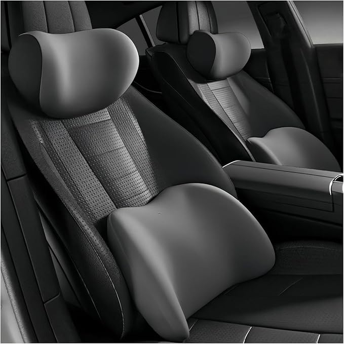 Car Lumbar Support Pillow and Car Neck Pillow Kit for Jaguar XJ 2000-2020 2021 2022 2023 2024 2025 2026, Car Seat Neck Back Rest Pillows, Ergonomic Car Seat Headrest & Lumbar Cushion,B Grey