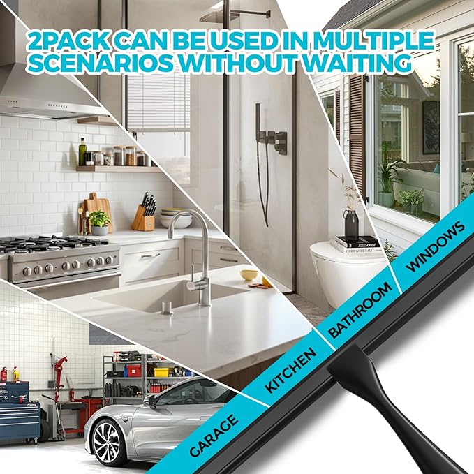 ALFLOD 2PACK All-Purpose Shower Squeegee for Shower Doors, Tile Shower Walls, Bathroom, Window, Glass and Car Windshield, Mirrors and Kitchen-Stainless Steel, 9.8 Inches, Black