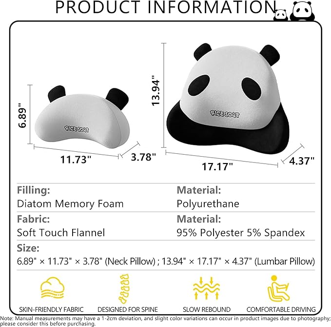 Cute Panda Car Neck Pillow & Lumbar Support Memory Foam Cushion for Driving Adjustable Headrest Waist Pillow for Most Seats (Black, Headrest & Backrest)
