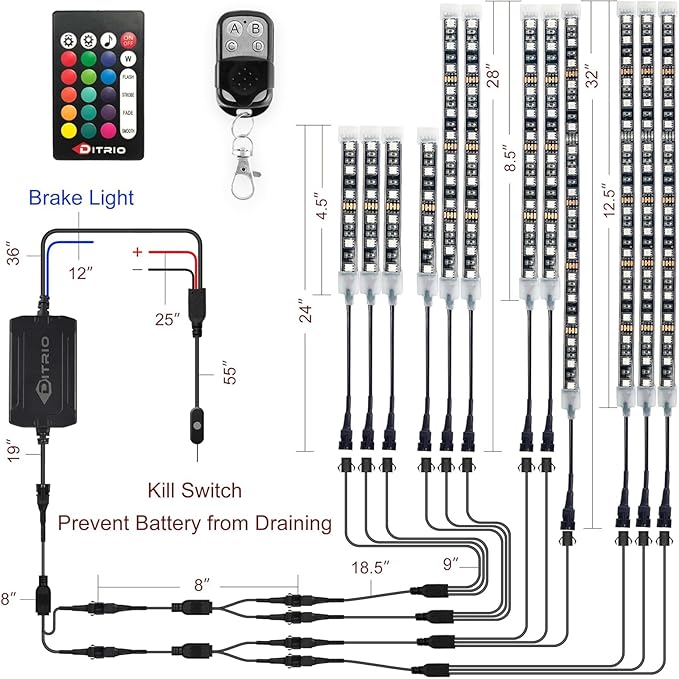 DITRIO 12pcs Underglow RGB LED Strip Light Kit DC 12V with 2 Red Blinking Brake Light Styles for Motorcycles Trikes Golf Carts ATVs UTVs – M12r