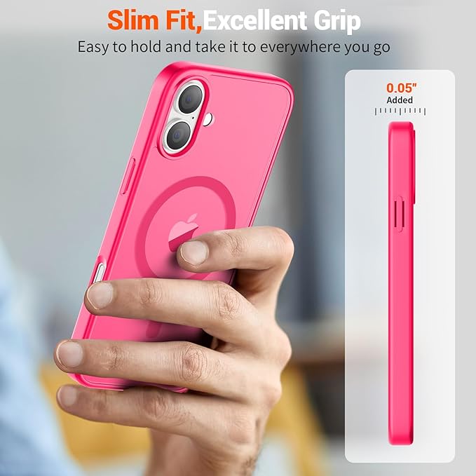 SUPFINE Magnetic for iPhone 16 Plus Case(Compatible with MagSafe) (Military Grade Drop Protection) Slim Translucent Matte Shockproof with Anti-Fingerprint Phone Case,Hot Pink