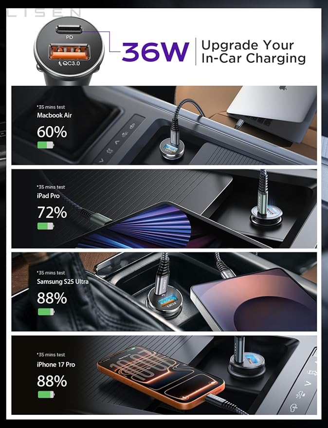 LISEN Car Charger USB C, 69W Cigarette Lighter USB Charger Adapter, Car Accessories Gifts for Men, Mini USBC Cars Fast Charging Adapter USBC Type C 12V Plug Outlet, for iPhone 17 Pro Max 16 15 14 13