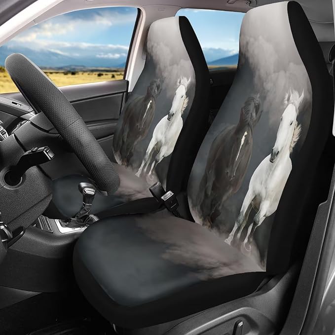 Car Seat Covers 2 Pcs Soft Comfortable Auto Front High Back Seat Protector Covers Automobile Interior Decor Accessories, Universal(Black White Horse 59)