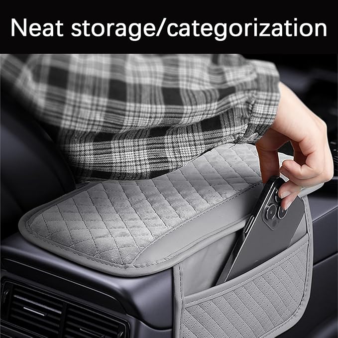 Car Center Console Cover, Leather Vehicle Armrest Cushion Pad with 2 Storage Bags, Auto Interior Middle Console Storage Box Protector Accessories, Universal for SUV, Sedan, Truck (Gray)