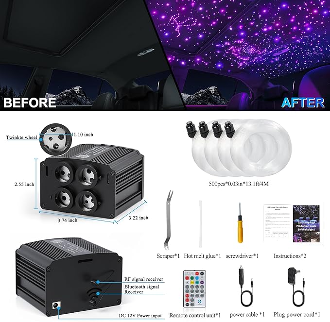 4 Colors 32W Twinkle Starlight Headliner Kit for Car Home with APP&RF Remote,RGBW 500pcs*0.03in*13.1ft Cables Fiber Optic Star Sky Roof Lights,4 Port Engine Sound Activated Car Ceiling Star Lights