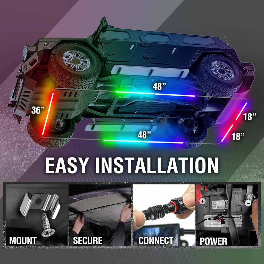OPT7 Aura DreamColor Underglow Chasing Lights for Truck w/APP & Remote Control, Waterproof Rigid Aluminum LED Light Bar, Exterior Neon Accent Underbody RGBIC Lighting Kit, Multicolor Music Mode, 12V