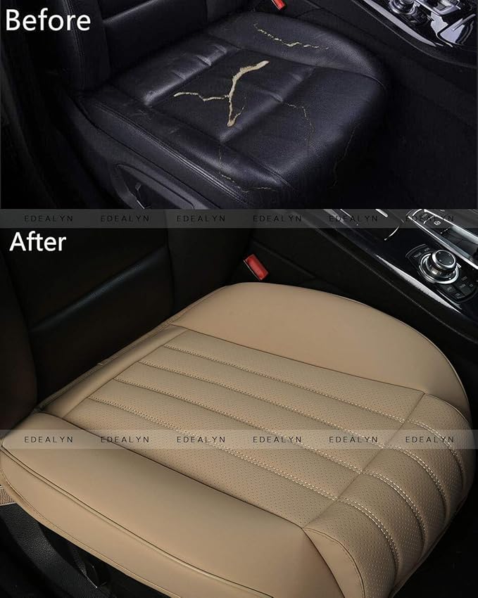 (1 PCS Car Seat Cover Width20.86 by deep 20.86 inches PU Leather Auto Bottom Seat Protector Cover with Comfort Leg Support Pillow Fit Most Front Driver Seat (Beige with Leg Rest)