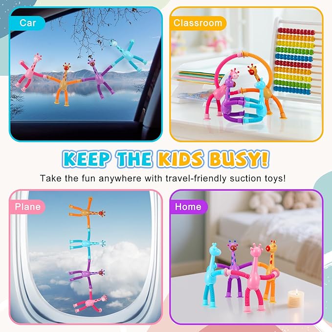 XONTEUS 4 Pcs Pop Tubes Giraffe Travel Airplane Road Trip Car Activities Essential ,Telescopic Suction Cup Sensory Fidget Toys,Screen-Free Activity for Boy & Girl , Stocking Stuffers for Kids