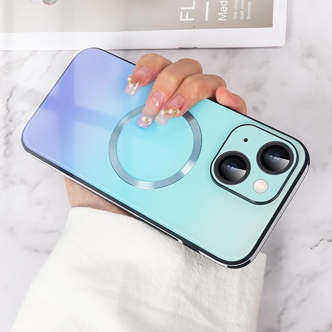 Guppy Compatible with iPhone 15 Case Magnetic, with Full Camera Lens Protector [Compatible with MagSafe] Scratch Resistant Gradient Glass Back Cover Phone Case-Blue
