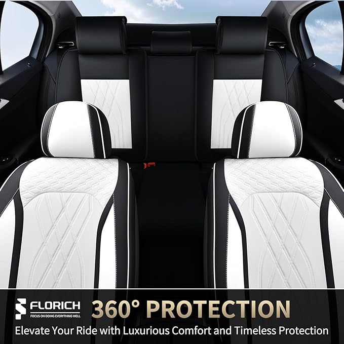 FLORICH Leather Car Seat Cover Full Set Automotive Seat Covers 5 Seats Front and Back Seat Cover Full Coverage Car Seat Protector Universal Fit for Most Car Truck SUV, Black&White