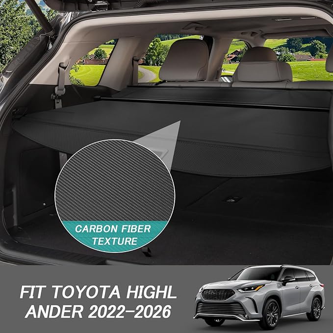 Cargo Cover for Toyota Highlander 2022 2023 2024 2025 2026 Accessories Retractable Trunk Cover Security Shielding Shade Cargo Luggage Cover Trunk Privacy Protection (Carbon Fiber Texture)