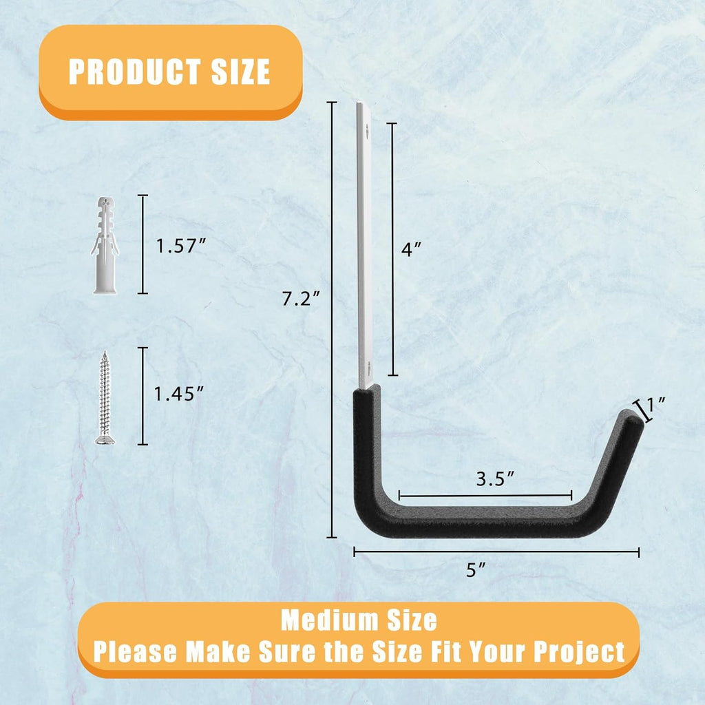 Heavy Duty Utility Hooks - Wall Mount, Hooks for Garage, Hose, Bike, Ladder, Leaf Blower Hanger (6 Medium)