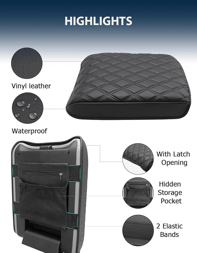 Center Console Cover for Honda Pilot 2023 2024 2025, Ridgeline 2024 2025, Passport 2024 2025 2026, Auto Armrest Lid Cushion Protector with Storage Pocket, Vinyl Leather, Black
