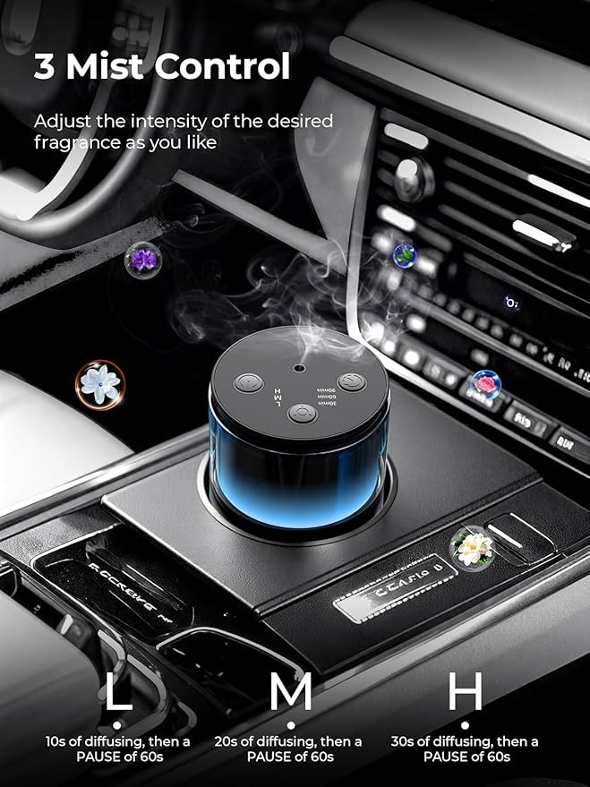 Waterless Essential Oil Diffuser: 9 Colors LED Scent Diffuser for Home&Car&Office - Portable Diffuser with 48H Battery, 4 Timers & 3 Mist Levels, Charcoal Black
