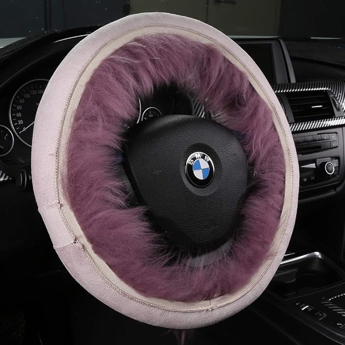 3Pcs Set Fashion Fluffy Fuzzy Wool Fur Soft Car Steering Wheel Cover with Handbrake Cover & Gear Shift Cover for Women/Girls/Ladies Auto Long Wool Accessories, Dark Red