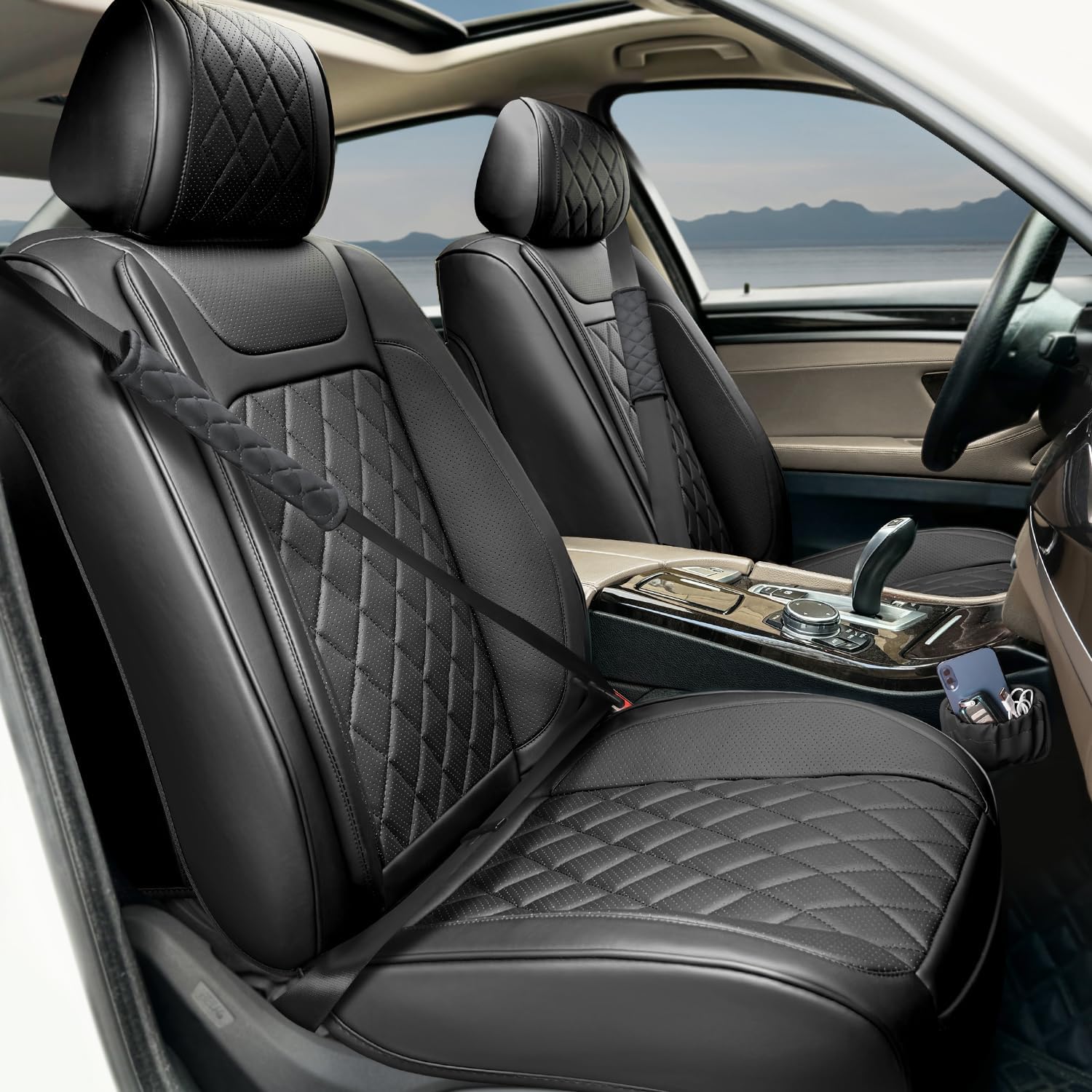 2 Pack Leather Front Car Seat Covers,Universal Breathable Full Surround Leather Car Seat Cover Protector,Split Waterproof Luxury Auto Black Seat Cover Cushion for Sedan Cars Pick-up Trucks SUV