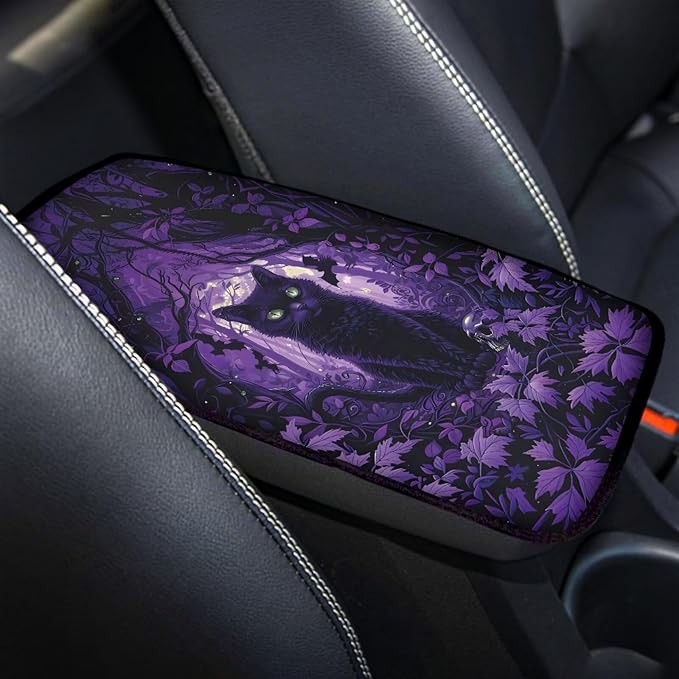 Suobstales Cat Bat Maple Leaves Print Car Armrest Pad Soft Center Console Arm Rest Protector Cover Halloween Decoration Universal Car Interior Accessories Decoration